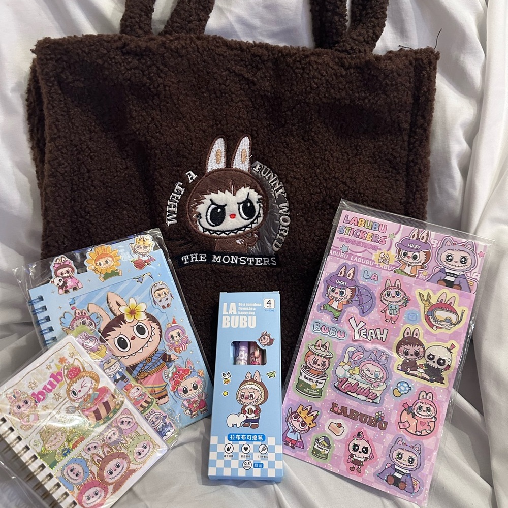 La Bubu Kids Monster Tote and Stationery Set - Brown and Multicolor